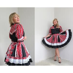 1970's Vintage Bandana Print Square Dance Blouse & Skirt Dress Women's XS SM MD